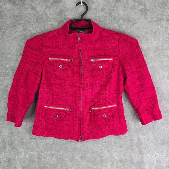 Womens Per Se Fuchsia Pink 100% Silk Textured Jacket Full Zip Pockets Size 8 - Picture 2 of 8
